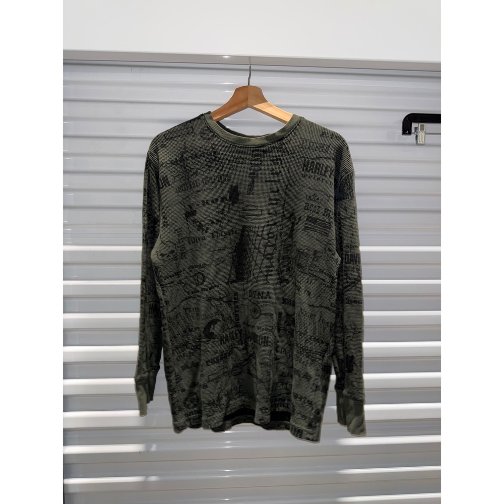 Harley Davidson Mens Large Olive Green Waffle Knit Thermal Long Sleeve Shirt